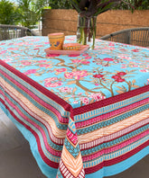 Royal Floral Tree Blue & Pink Hand Block Rectangle  Table Cover / Cloth